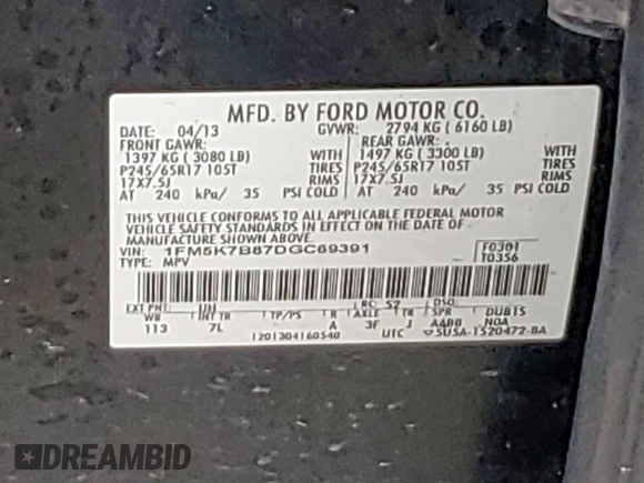 2013 Ford Explorer with VIN 1FM5K7B87DGC69391, listed as a Copart auction lot 50332865 with 270,784 mi miles and Clean Title. Bid and sale history available at carsss.com. Image 13.