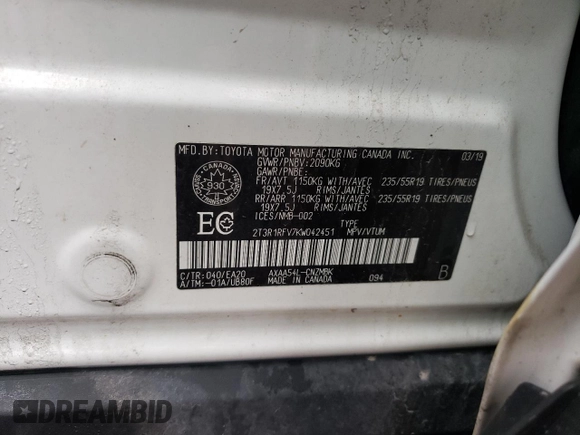 2019 Toyota RAV4 with VIN 2T3R1RFV7KW042451, listed as a Copart auction lot 54621815 with 155,183 mi miles and Salvage title. Bid and sale history available at DreamBid. Image 13.