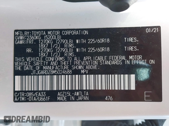 2021 Lexus NX 300 with VIN JTJGARDZ8M5024688, listed as a IAAI auction lot 42331489 with 58,801 mi miles and . Bid and sale history available at DreamBid. Image 9.