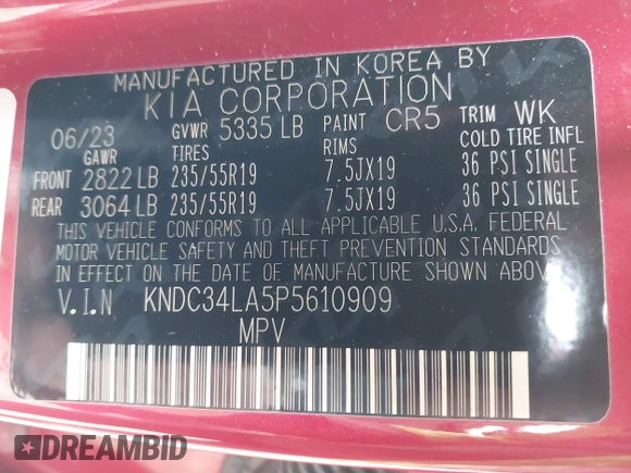 2023 Kia EV6 Wind with VIN KNDC34LA5P5610909, listed as a IAAI auction lot 41972182 with 67,204 mi miles and . Bid and sale history available at DreamBid. Image 9.