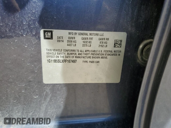 2015 Chevrolet Malibu LS with VIN 1G11B5SLXFF167497, listed as a Copart auction lot 52866155 with 74,968 mi miles and Salvage Title. Bid and sale history available at DreamBid. Image 12.