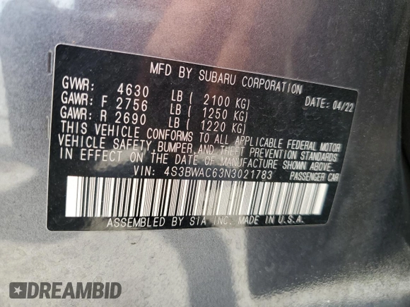 2022 Subaru Legacy Premium with VIN 4S3BWAC63N3021783, listed as a Copart auction lot 58152335 with 47,374 mi miles and Non repairable. Bid and sale history available at DreamBid. Image 12.