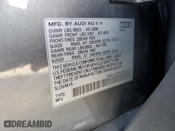 2017 Audi Q7 Premium Plus with VIN WA1LAAF76HD033118, listed as a Copart auction lot 66484325 with 155,037 mi miles and Clean title. Bid and sale history available at DreamBid. Image 13.