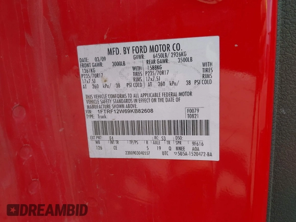 2009 Ford F-150 XL with VIN 1FTRF12W69KB82608, listed as a IAAI auction lot 40677614 with 132,635 mi miles and . Bid and sale history available at DreamBid. Image 9.