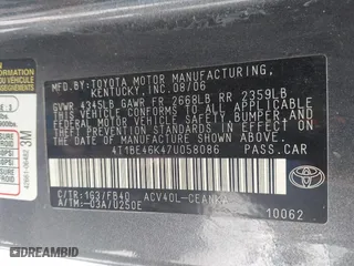 2007 Toyota Camry CE with VIN 4T1BE46K47U058086, listed as a IAAI auction lot 41650482 with 185,814 mi miles. Bid and sale history available at carsss.com. Image 9.