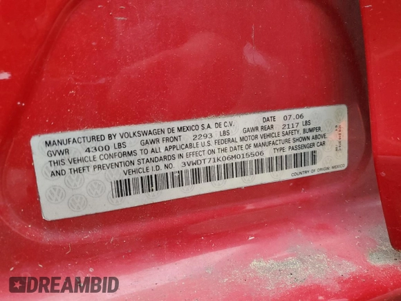 2006 Volkswagen Jetta 1.9L TDI with VIN 3VWDT71K06M015506, listed as a Copart auction lot 52620275 with 74,547 mi miles and Salvage title. Bid and sale history available at DreamBid. Image 14.
