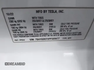 2023 Tesla Model Y Performance with VIN 7SAYGDEFXPF589477, listed as a IAAI auction lot 41936981 with 28,993 mi miles and . Bid and sale history available at DreamBid. Image 9.