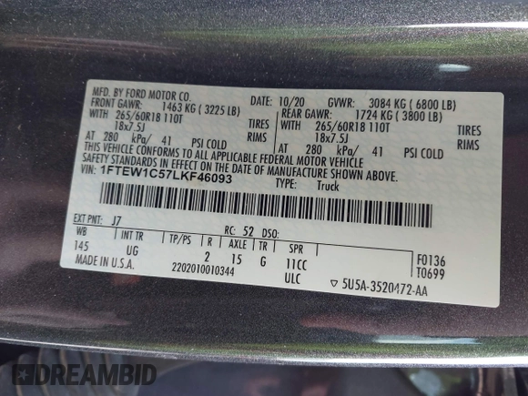 2020 Ford F-150 XL with VIN 1FTEW1C57LKF46093, listed as a IAAI auction lot 41807373 with 252,453 mi miles and . Bid and sale history available at DreamBid. Image 9.