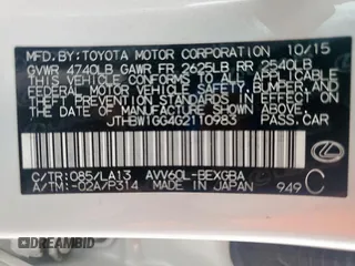 2016 Lexus ES 300h z VIN JTHBW1GG4G2110983, wystawiony jako Copart lot #57089895 z przebiegiem 85 840 mil mil oraz Szkoda całkowita • Salvage title. Historia ofert i sprzedaży dostępna na DreamBid. Obrazek 13.