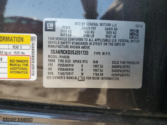 2014 Buick Enclave Premium with VIN 5GAKRCKD2EJ291720, listed as a Copart auction lot 46652955 with 136,552 mi miles and Salvage Title. Bid and sale history available at carsss.com. Image 14.