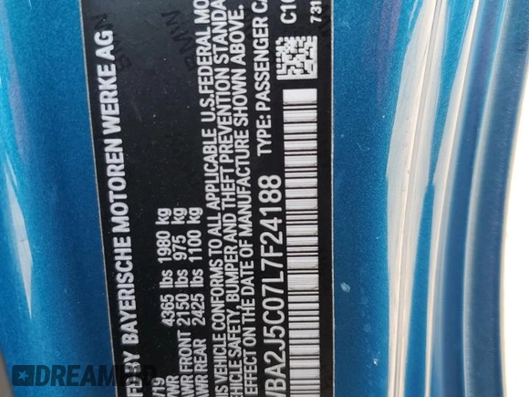 2020 BMW 2 Series M240i with VIN WBA2J5C07L7F24188, listed as a Copart auction lot 84346574 with 34,082 mi miles and Salvage Title. Bid and sale history available at carsss.com. Image 14.