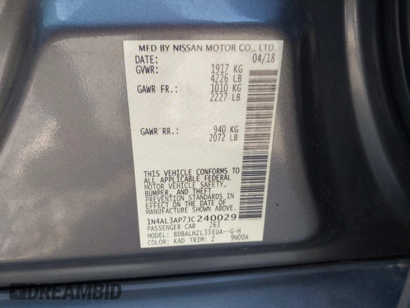 2018 Nissan Altima 2.5 SR with VIN 1N4AL3AP7JC240029, listed as a IAAI auction lot 41883209 with 77,190 mi miles. Bid and sale history available at carsss.com. Image 9.