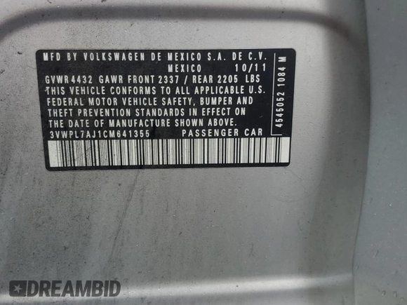 2012 Volkswagen Jetta TDI w/Sunroof & Nav with VIN 3VWPL7AJ1CM641355, listed as a Copart auction lot 62521145 with 94,791 mi miles and Salvage title. Bid and sale history available at DreamBid. Image 12.