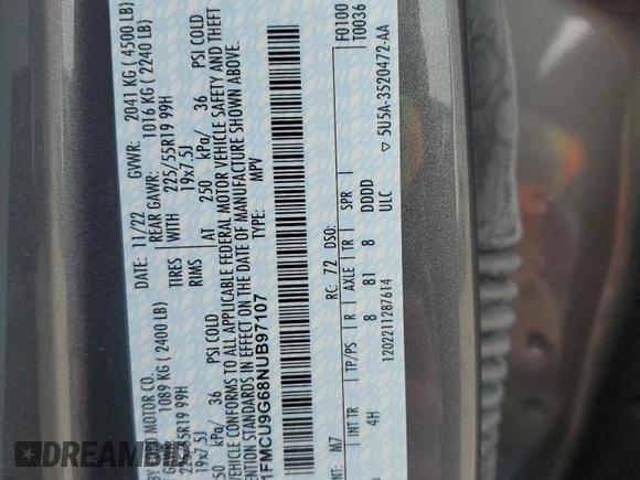 2022 Ford Escape SE with VIN 1FMCU9G68NUB97107, listed as a Copart auction lot 42632125 with 7,615 mi miles and Salvage Title. Bid and sale history available at DreamBid. Image 12.