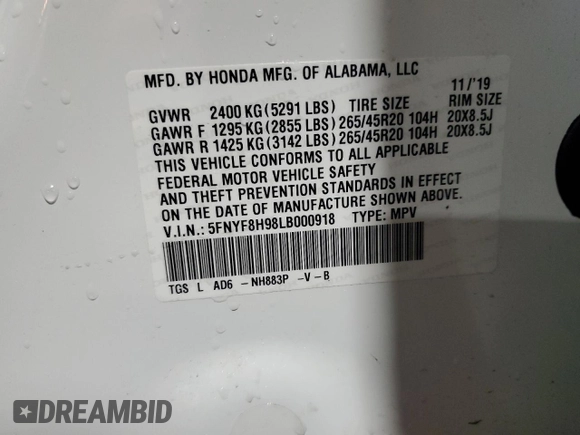 2020 Honda Passport Touring с VIN 5FNYF8H98LB000918, выставлен на аукционе Copart как лот 46877405 с пробегом 49 031 миль миль и Списание • Salvage title. История ставок и продаж доступна на DreamBid. Изображение 14.