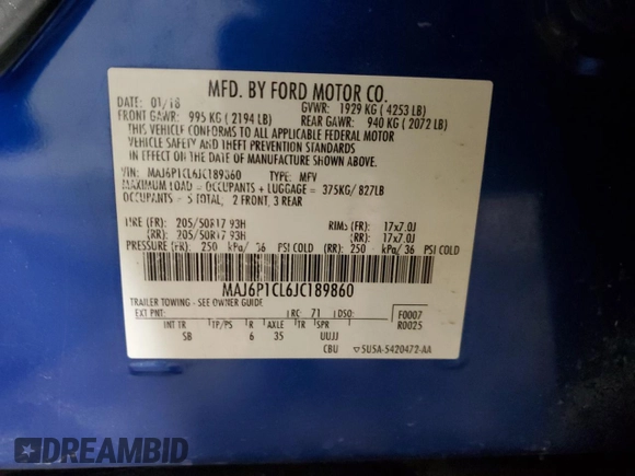 2018 Ford EcoSport SES z VIN MAJ6P1CL6JC189860, wystawiony jako Copart lot #44791845 z przebiegiem 92 069 mil mil oraz Szkoda całkowita • Salvage title. Historia ofert i sprzedaży dostępna na DreamBid. Obrazek 13.
