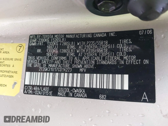 2007 Lexus RX 350 with VIN 2T2GK31U17C014223, listed as a IAAI auction lot 42115806 with 192,098 mi miles and . Bid and sale history available at DreamBid. Image 9.