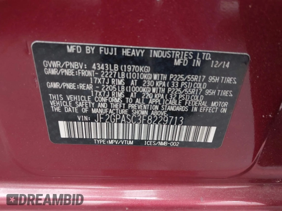 2015 Subaru Crosstrek Limited with VIN JF2GPASC3F8229713, listed as a IAAI auction lot 42455267 with 153,130 mi miles and . Bid and sale history available at DreamBid. Image 9.