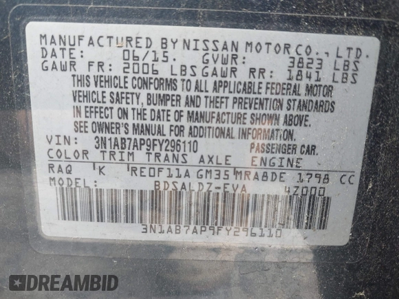 2015 Nissan Sentra SR with VIN 3N1AB7AP9FY296110, listed as a IAAI auction lot 42227852 with 141,302 mi miles and . Bid and sale history available at DreamBid. Image 9.