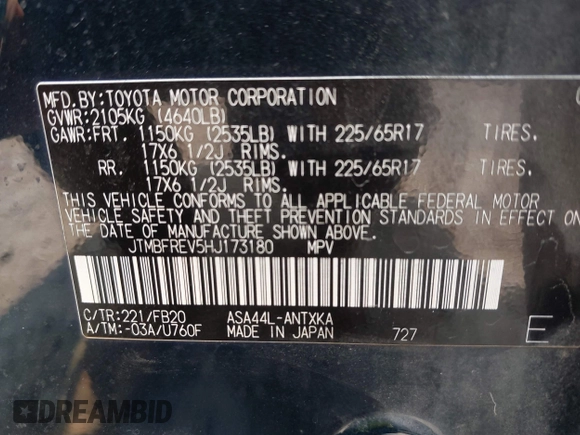 2017 Toyota RAV4 LE with VIN JTMBFREV5HJ173180, listed as a IAAI auction lot 42402753 with 97,917 mi miles and . Bid and sale history available at DreamBid. Image 9.