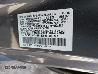 2016 Honda Odyssey SE with VIN 5FNRL5H33GB125693, listed as a IAAI auction lot 41994036 with 163,617 mi miles and . Bid and sale history available at DreamBid. Image 9.