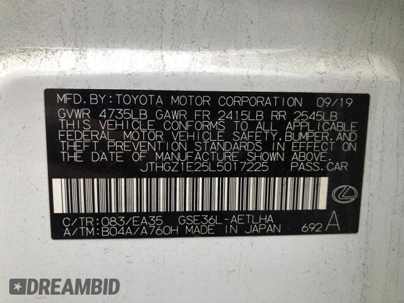 2020 Lexus IS 350 F Sport with VIN JTHGZ1E25L5017225, listed as a Copart auction lot 69959784 with 140,870 mi miles and Clean title. Bid and sale history available at DreamBid. Image 11.