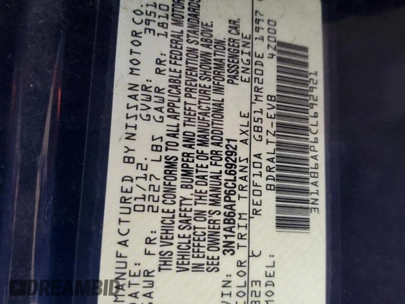 2012 Nissan Sentra S with VIN 3N1AB6AP6CL692921, listed as a Copart auction lot 61547675 with 126,118 mi miles and Salvage title. Bid and sale history available at DreamBid. Image 12.