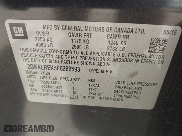 2015 GMC Terrain SLE with VIN 2GKALREK5F6383593, listed as a IAAI auction lot 42097771 with 89,492 mi miles. Bid and sale history available at carsss.com. Image 9.