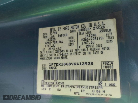 1997 Ford F-150 XL with VIN 1FTDX1868VKA12923, listed as a IAAI auction lot 41526986 with 343,755 mi miles. Bid and sale history available at carsss.com. Image 9.
