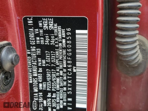 2015 Kia Sorento LX with VIN 5XYKTCA68FG608596, listed as a Copart auction lot 63098115 with 71,648 mi miles and Salvage title. Bid and sale history available at DreamBid. Image 12.