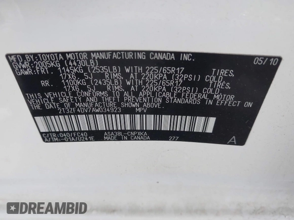 2010 Toyota RAV4 with VIN 2T3ZF4DV7AW034923, listed as a IAAI auction lot 42220692 with 132,001 mi miles and . Bid and sale history available at DreamBid. Image 9.