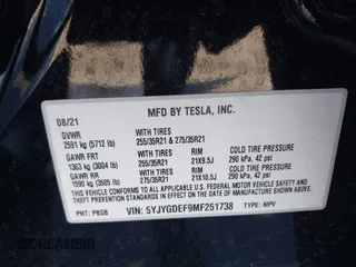 2021 Tesla Model Y Performance with VIN 5YJYGDEF9MF251738, listed as a IAAI auction lot 41708950 with 61,248 mi miles and . Bid and sale history available at DreamBid. Image 9.