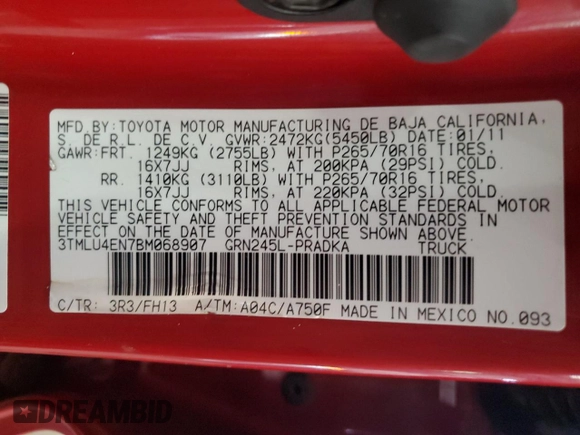 2011 Toyota Tacoma with VIN 3TMLU4EN7BM068907, listed as a Copart auction lot 61417485 with 117,747 mi miles and Clean title. Bid and sale history available at DreamBid. Image 13.