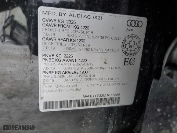 2021 Audi Q3 S line Premium Plus with VIN WA1EECF33M1077269, listed as a Copart auction lot 46349775 with 83773 miles and Salvage Title. Bid and sale history available at carsss.com. Image 12.