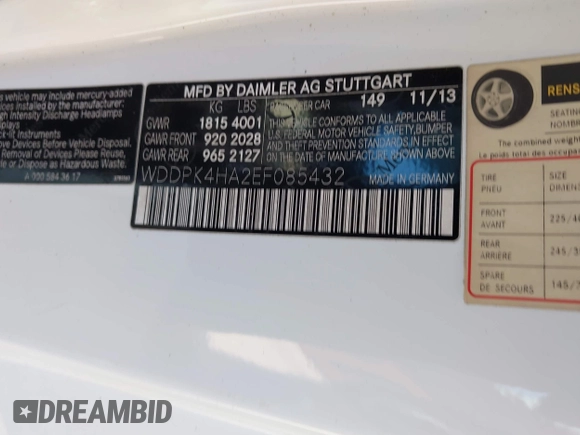 2014 Mercedes-Benz SLK 250 with VIN WDDPK4HA2EF085432, listed as a IAAI auction lot 41141812 with 65,718 mi miles and . Bid and sale history available at DreamBid. Image 9.