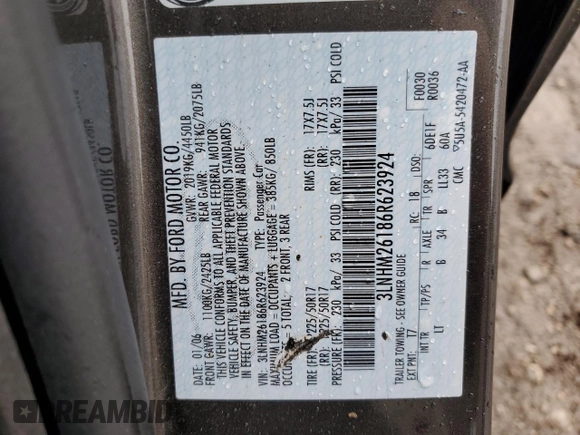 2006 Lincoln Zephyr z VIN 3LNHM26186R623924, wystawiony jako Copart lot #81586784 z przebiegiem 81 560 mil mil oraz Szkoda całkowita • Salvage title. Historia ofert i sprzedaży dostępna na DreamBid. Obrazek 14.