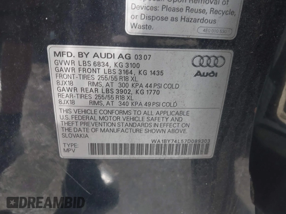 2007 Audi Q7 Premium with VIN WA1BY74L57D089303, listed as a IAAI auction lot 42589432 with 177,000 mi miles and . Bid and sale history available at DreamBid. Image 9.