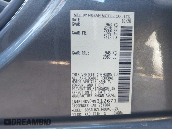 2021 Nissan Altima 2.5 SV with VIN 1N4BL4DV0MN312671, listed as a IAAI auction lot 41518231 with 64,816 mi miles. Bid and sale history available at carsss.com. Image 9.