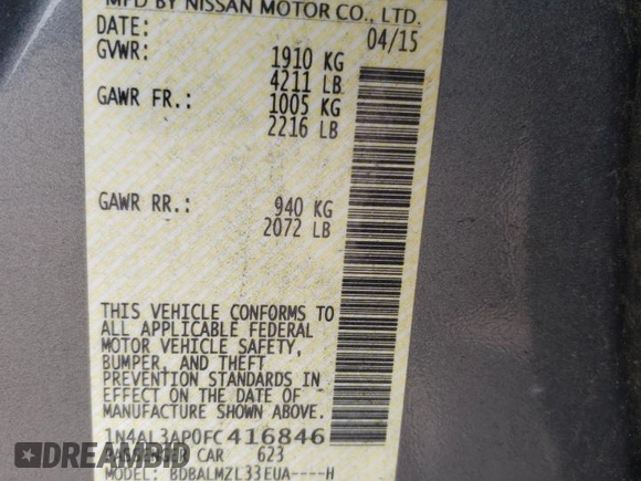 2015 Nissan Altima SV z VIN 1N4AL3AP0FC416846, wystawiony jako Copart lot #54020675 z przebiegiem 161 051 mil mil oraz Szkoda całkowita • Salvage title. Historia ofert i sprzedaży dostępna na DreamBid. Obrazek 12.