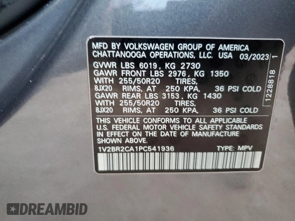 2023 Volkswagen Atlas SEL with VIN 1V2BR2CA1PC541936, listed as a Copart auction lot 83020234 with 20,919 mi miles and Salvage title. Bid and sale history available at DreamBid. Image 14.