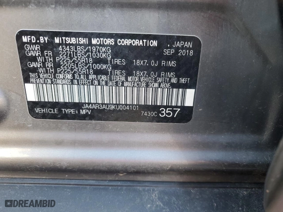2019 Mitsubishi Outlander Sport ES 2.0 with VIN JA4AR3AU9KU004101, listed as a Copart auction lot 47636975 with 108,641 mi miles and Salvage Title. Bid and sale history available at carsss.com. Image 13.