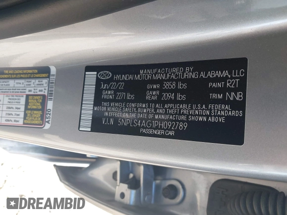 2023 Hyundai Elantra SEL with VIN 5NPLS4AG1PH092789, listed as a IAAI auction lot 41739086 with 26,231 mi miles and . Bid and sale history available at DreamBid. Image 9.