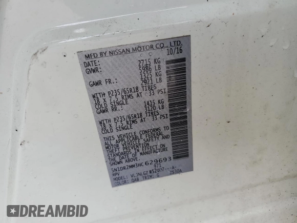2017 Nissan Pathfinder SV with VIN 5N1DR2MM3HC629693, listed as a Copart auction lot 49261785 with 106,312 mi miles and Salvage Title. Bid and sale history available at carsss.com. Image 14.