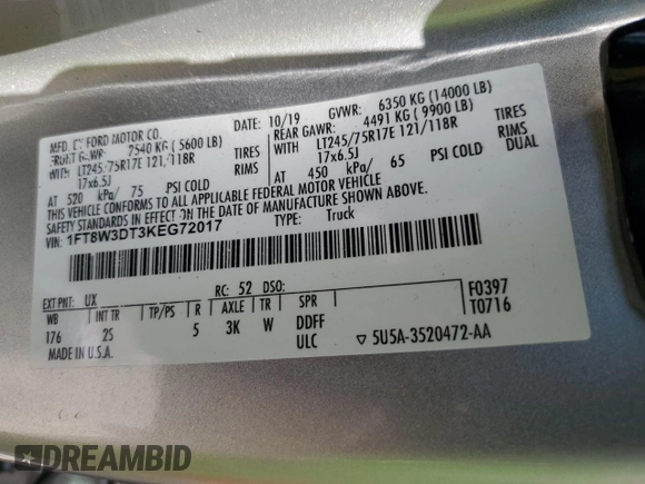 2019 Ford F-350 XL with VIN 1FT8W3DT3KEG72017, listed as a Copart auction lot 50609235 with 161,842 mi miles and Salvage title. Bid and sale history available at DreamBid. Image 10.