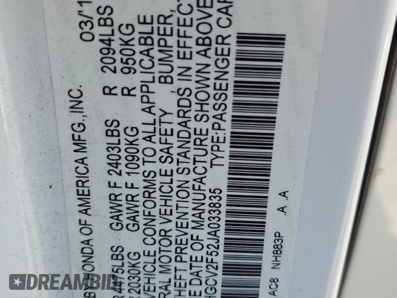 2018 Honda Accord EX-L with VIN 1HGCV2F52JA033835, listed as a Copart auction lot 64260455 with 256,087 mi miles and Salvage title. Bid and sale history available at DreamBid. Image 12.