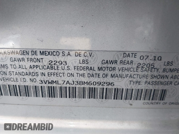 2011 Volkswagen Jetta TDI with VIN 3VWML7AJ3BM609296, listed as a IAAI auction lot 41410838 with 139,369 mi miles and . Bid and sale history available at DreamBid. Image 9.