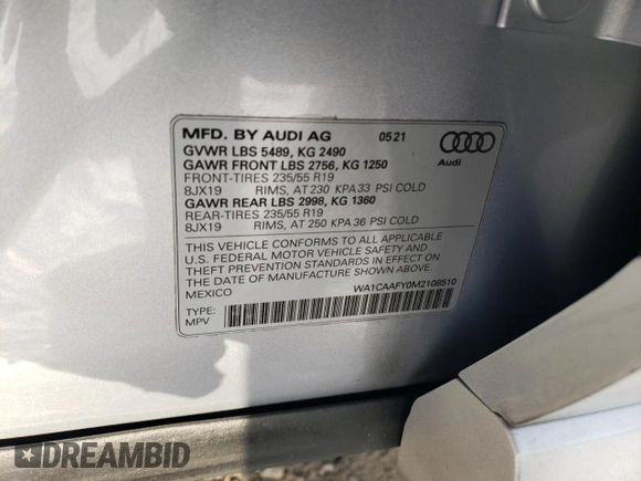 2021 Audi Q5 Prestige with VIN WA1CAAFY0M2108510, listed as a Copart auction lot 89382125 with 9,187 mi miles and Salvage Title. Bid and sale history available at carsss.com. Image 13.