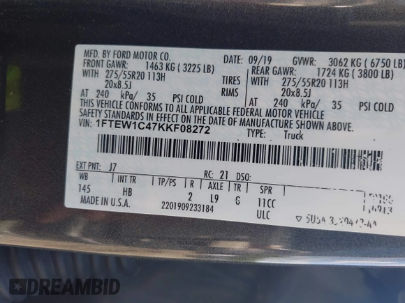 2019 Ford F-150 XL with VIN 1FTEW1C47KKF08272, listed as a IAAI auction lot 42243288 with 225,490 mi miles and . Bid and sale history available at DreamBid. Image 9.
