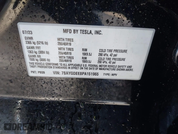 2023 Tesla Model Y Long Range with VIN 7SAYGDEE8PA151965, listed as a IAAI auction lot 41343497 with 25,869 mi miles. Bid and sale history available at carsss.com. Image 9.