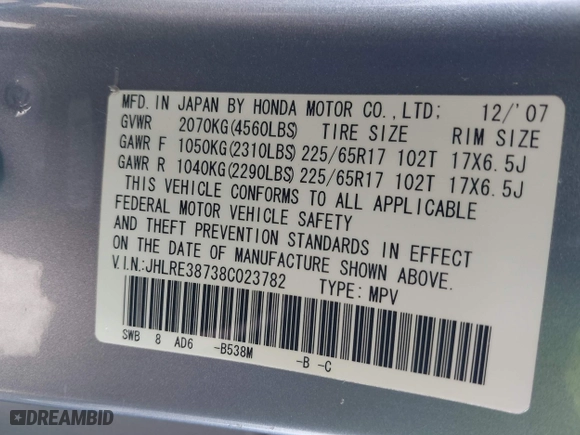 2008 Honda CR-V EX-L with VIN JHLRE38738C023782, listed as a IAAI auction lot 41966237 with 242,956 mi miles. Bid and sale history available at carsss.com. Image 9.
